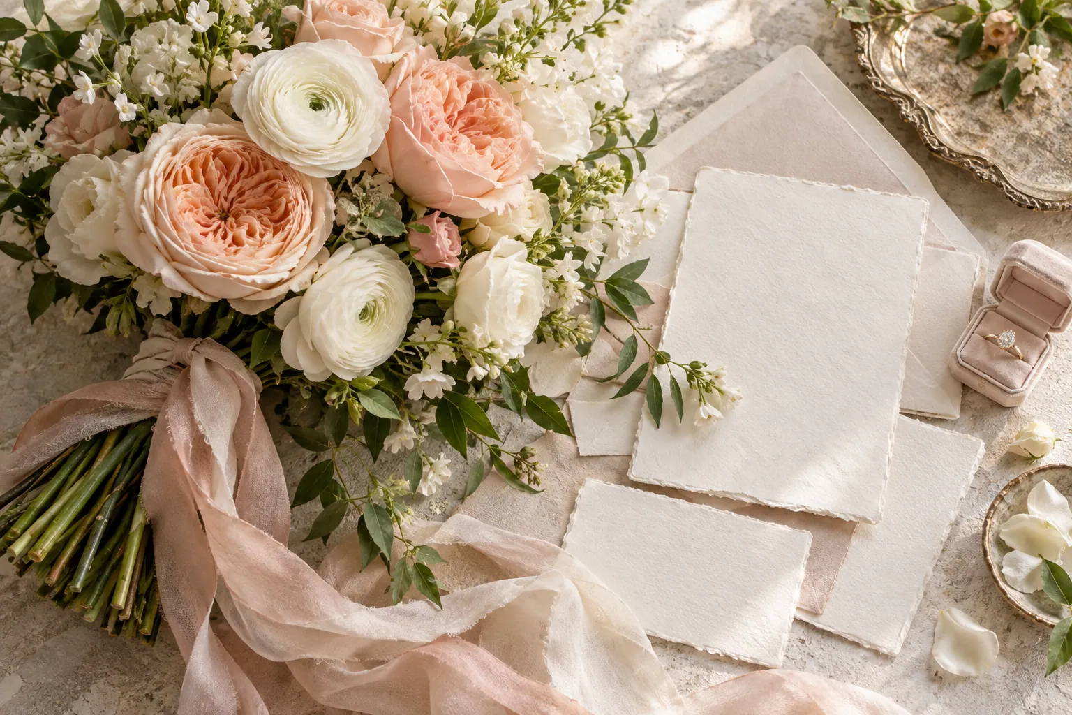 A peach and white wedding bouquet beside an invitation suite