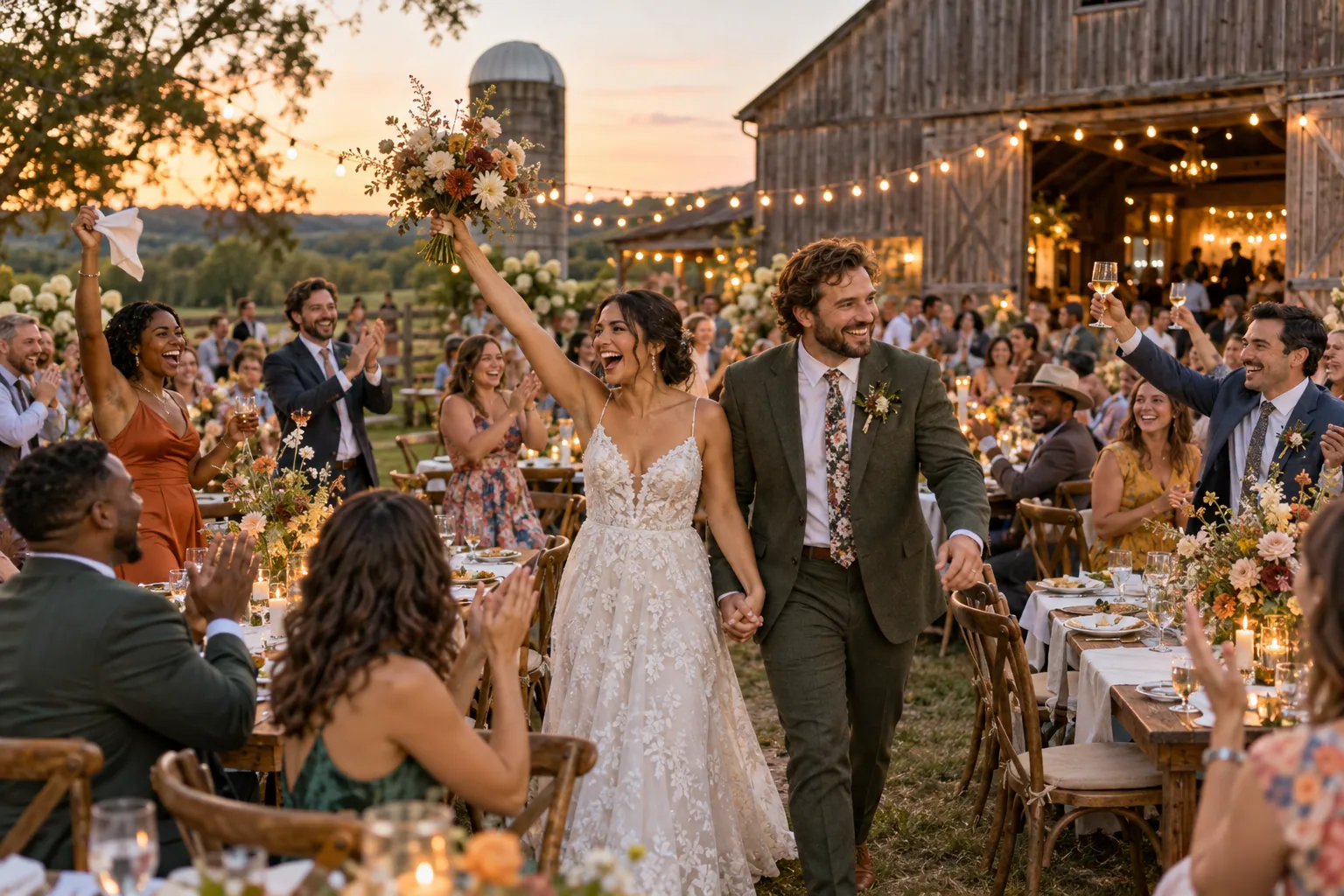 A couple celebrating with guests at an outdoor farm wedding reception
