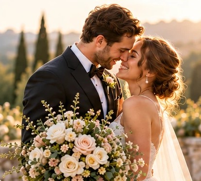 A bride and groom embracing at golden hour, holding a bouquet of roses