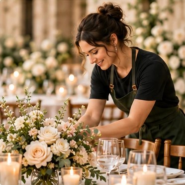 A florist arranging white roses on a candlelit reception table